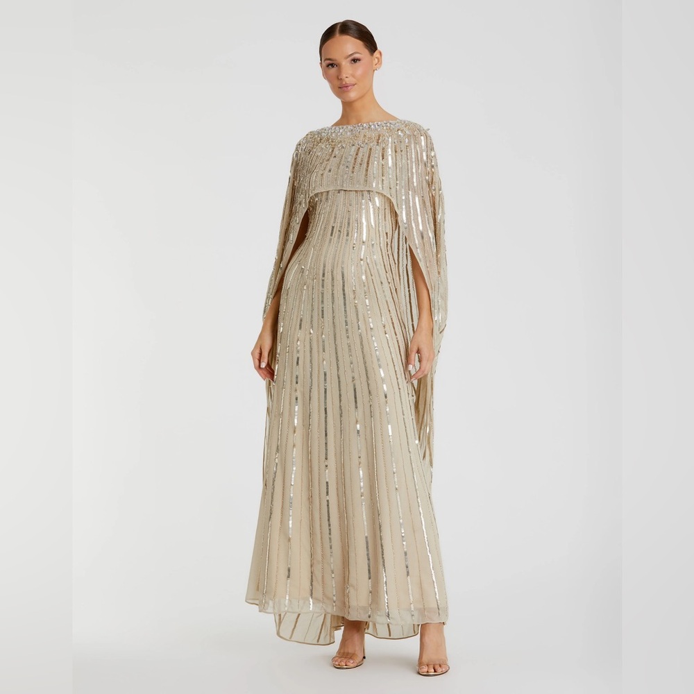 NWT $798 MAC DUGGAL Gold Embellished Beaded Column Cape Gown DRESS 93869